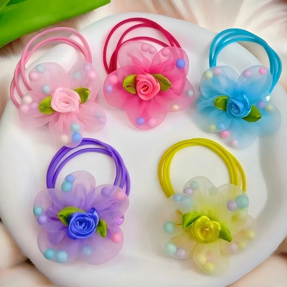 儿童超仙粉色花朵头绳女童可爱毛球小肠发圈宝宝不伤发扎马尾发饰
