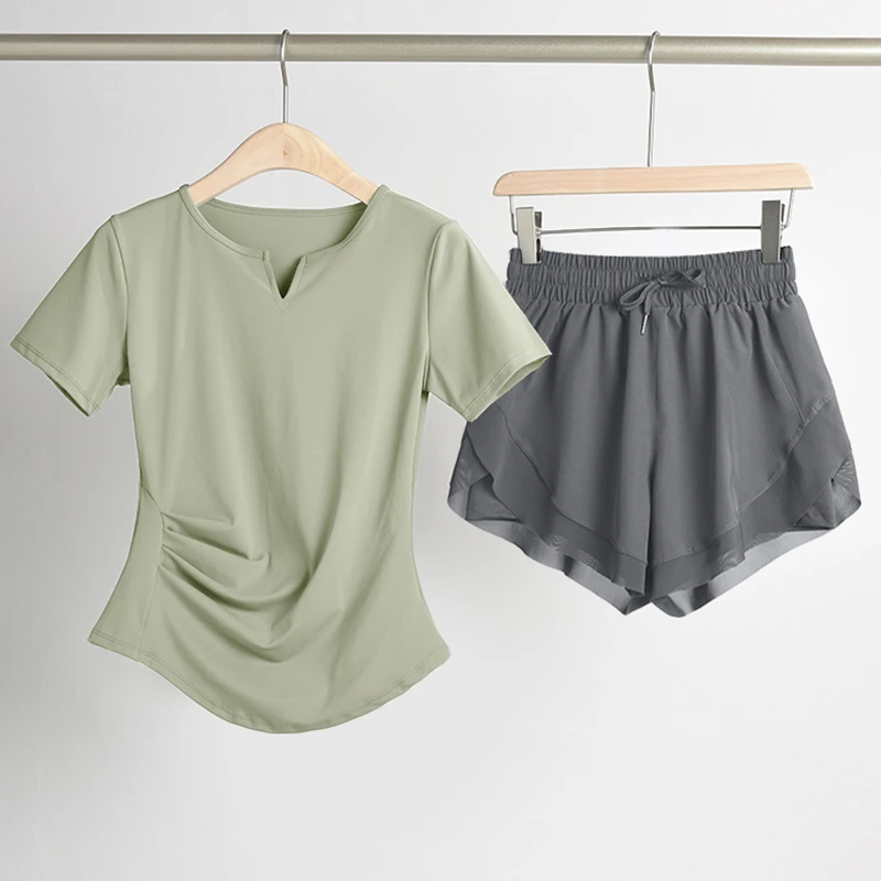 瑜伽服女夏2025新款专业大码跑步普拉提训练健身套装运动短袖上衣