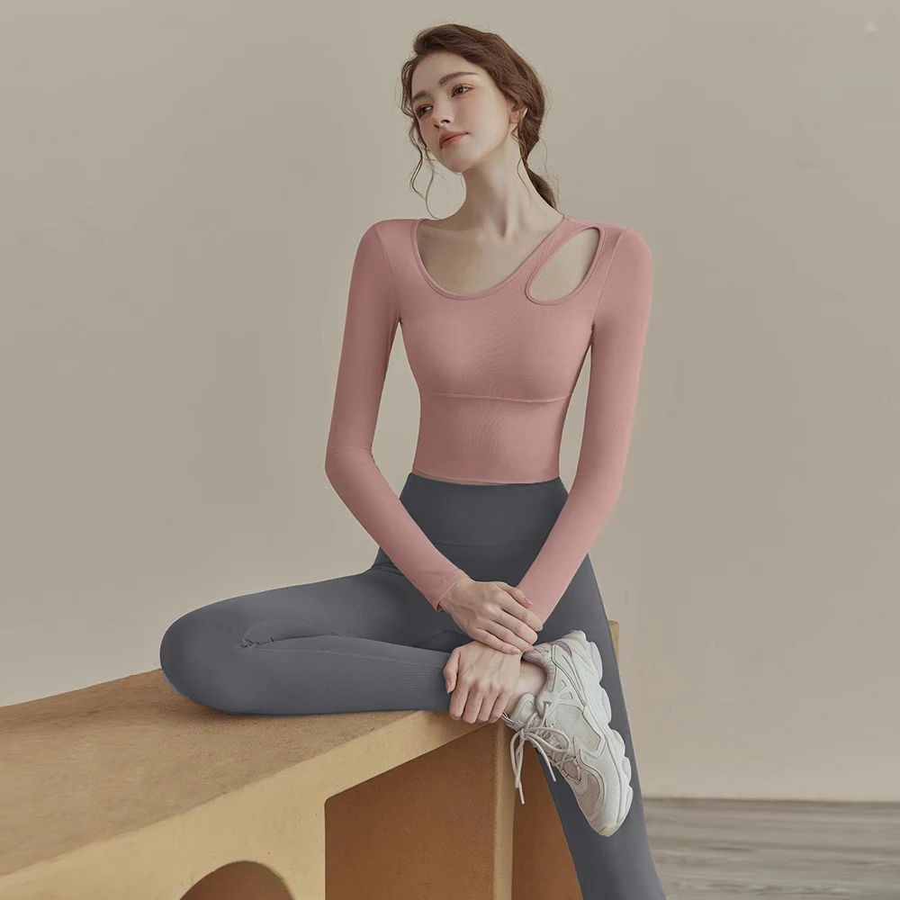 春季新款瑜伽服跑步女带胸垫长袖健身运动速干上衣长袖健身服