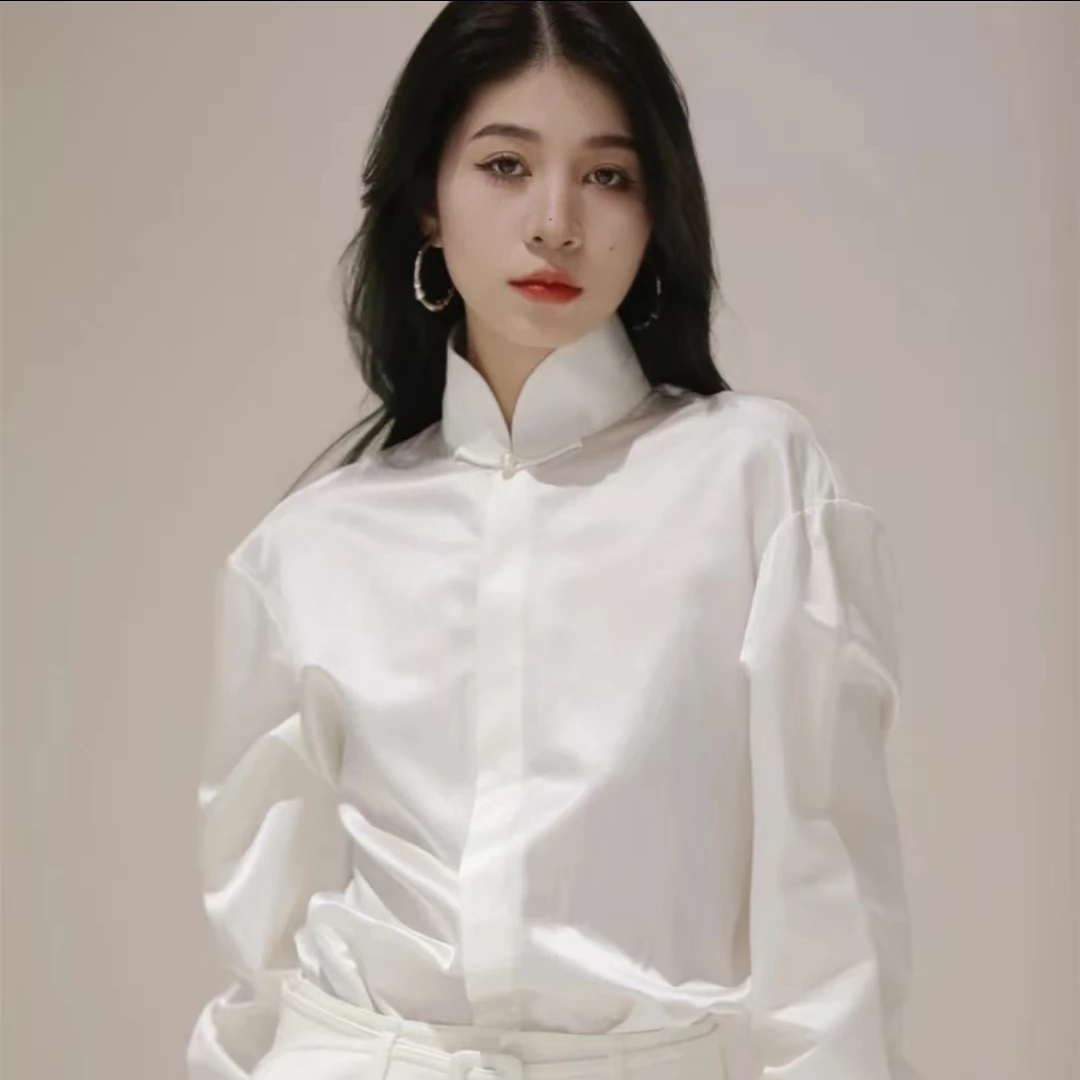 ELVIS.CHEUNG24春夏新品白色气质小众设计感简约风女立领衬衫衬衣