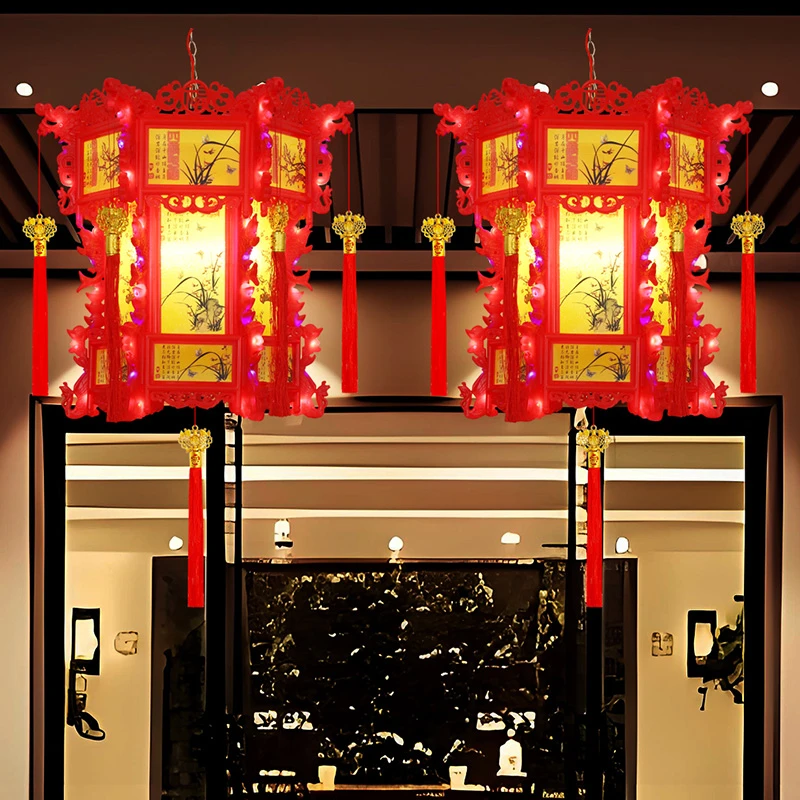 中式仿古六角龙灯LED旋转灯笼七彩宫灯走马灯PVC吊灯阳台新年挂饰