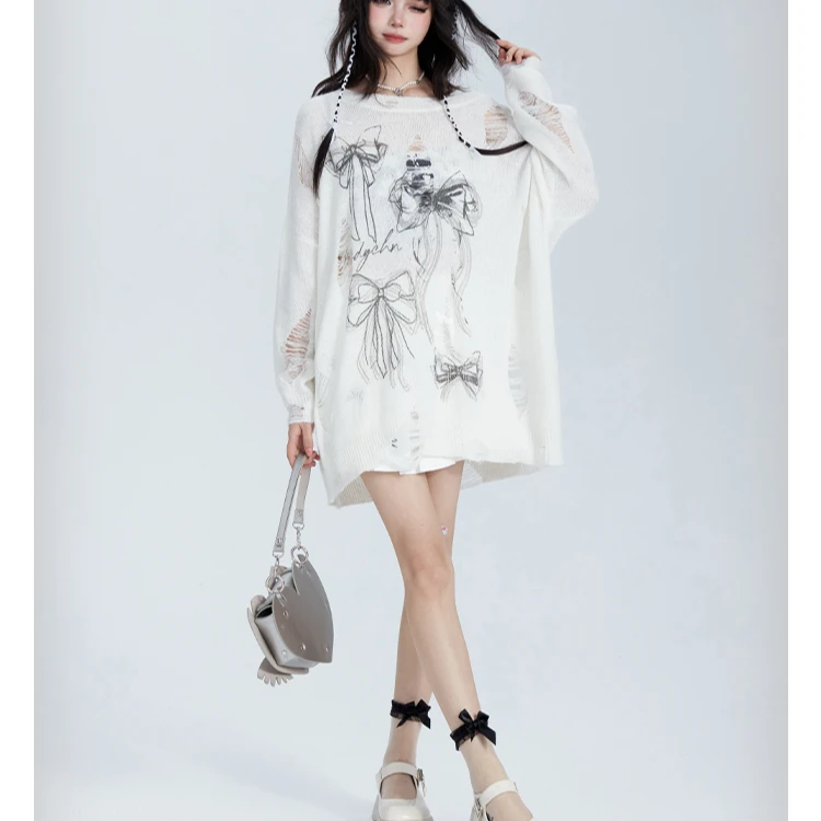 美式复古慵懒长袖破洞镂空针织衫女秋季新款蝴蝶结印花宽松上衣