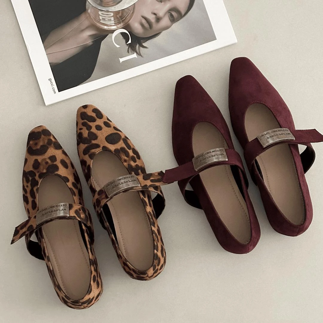 内增高5cm百搭豹纹玛丽珍鞋2024法式尖头芭蕾舞复古单鞋浅口低跟