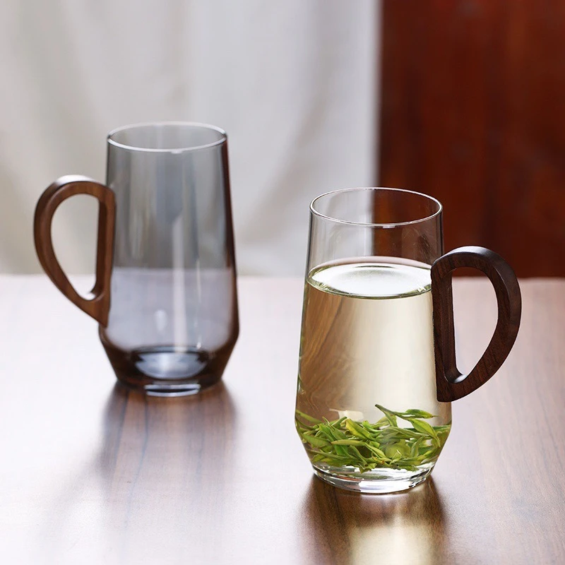玻璃绿茶杯个人专用水杯高颜值胡桃木把花茶杯泡茶家用耐高温杯子