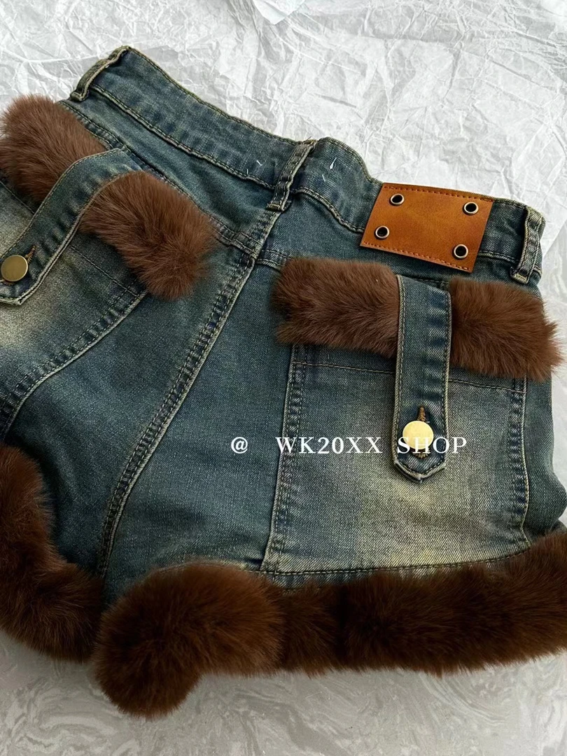 好洋气啊 新款毛毛牛仔短裤