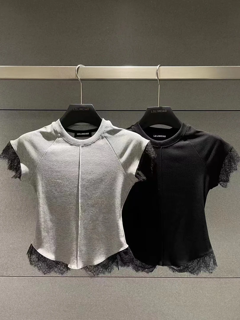 LIMCIAO新款 拼蕾丝气质款紧身弹力洋气短袖T恤