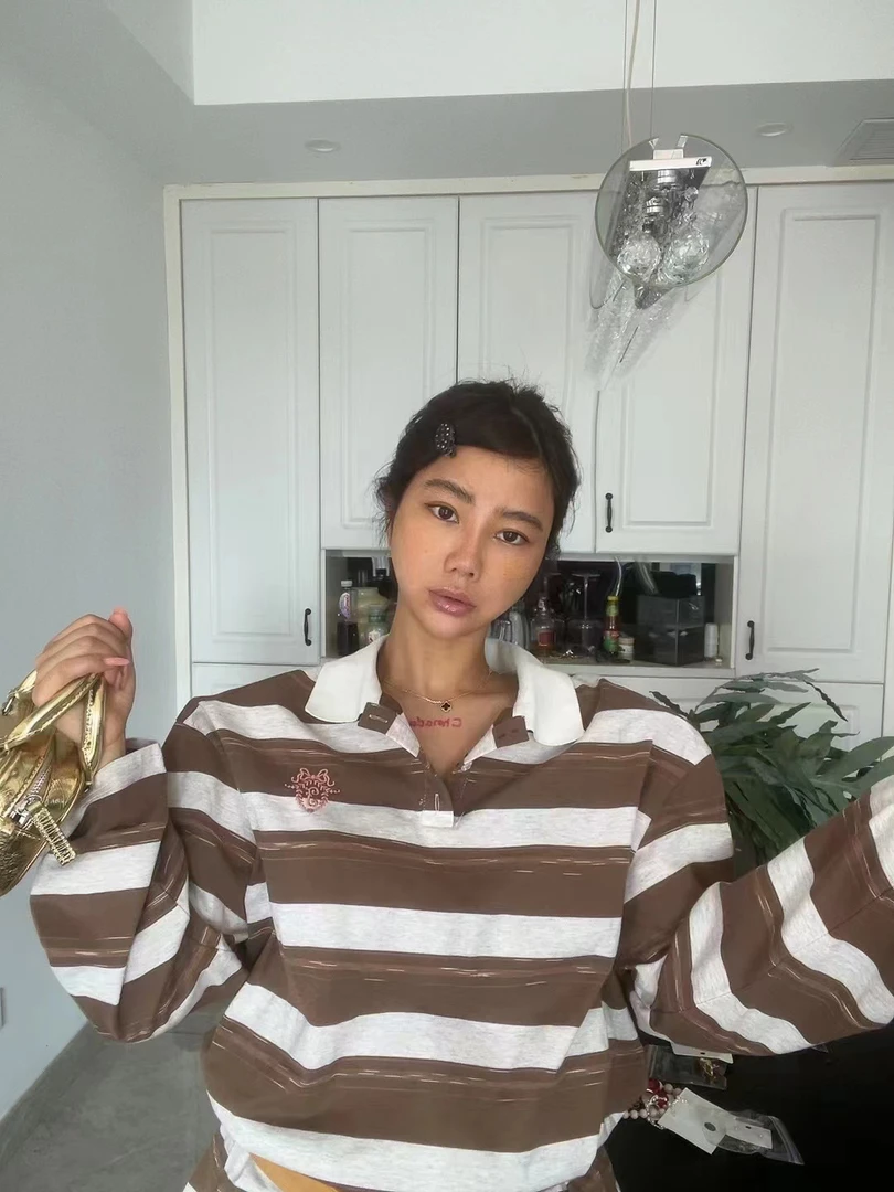 谢欧奈新款 慵懒条纹博主风气质宽松长袖T恤