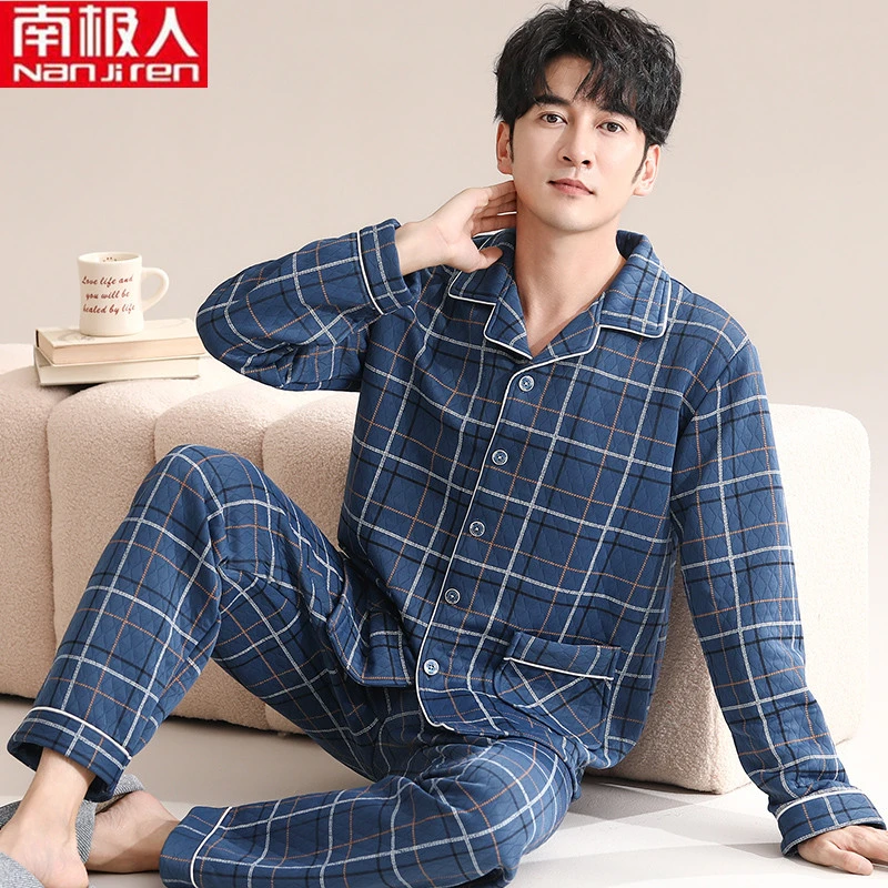 男士空气棉夹层睡衣秋冬款长袖纯棉加厚秋冬季中年爸爸大码家居服