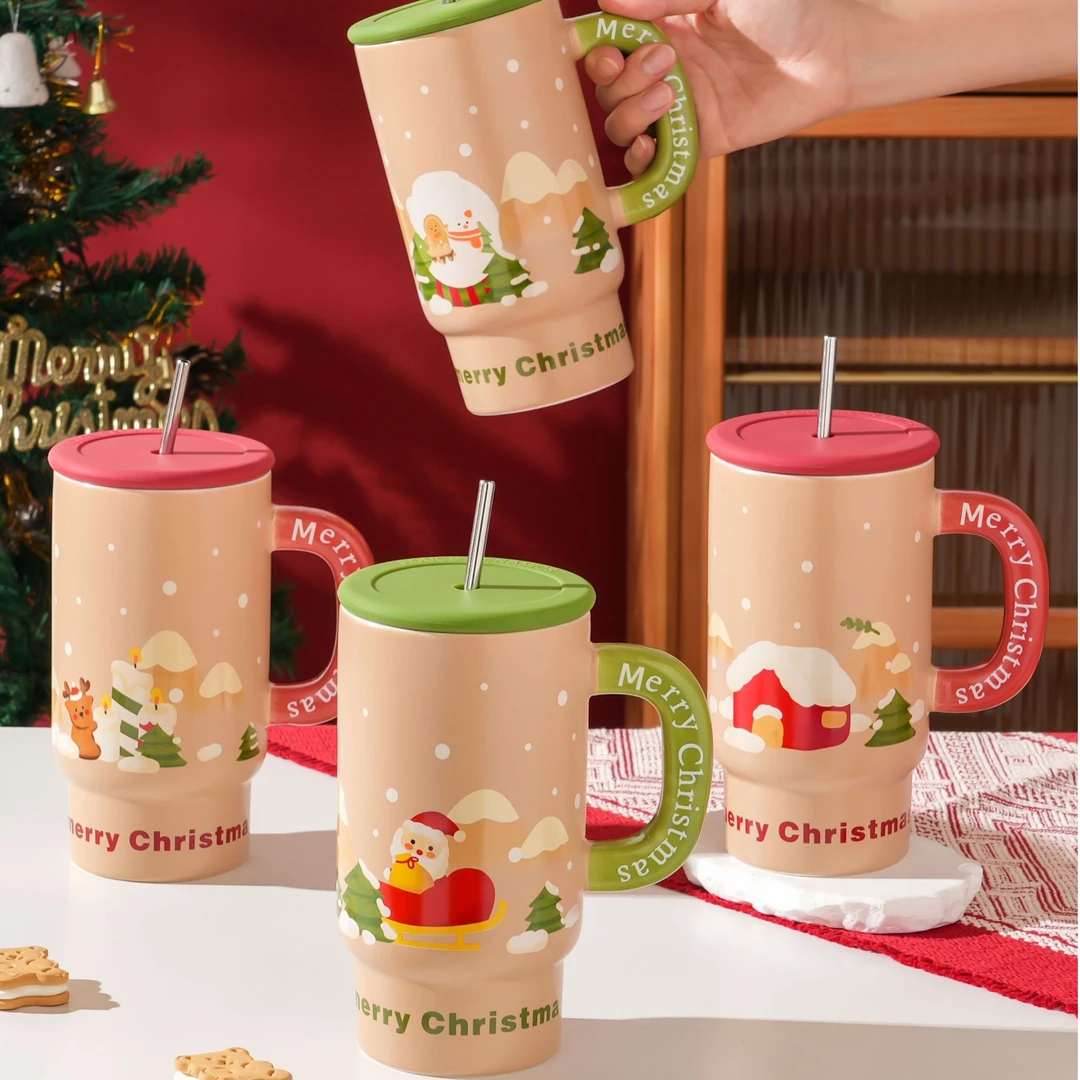 大容量圣诞杯陶瓷马克杯高颜值摆件吸管杯800ml