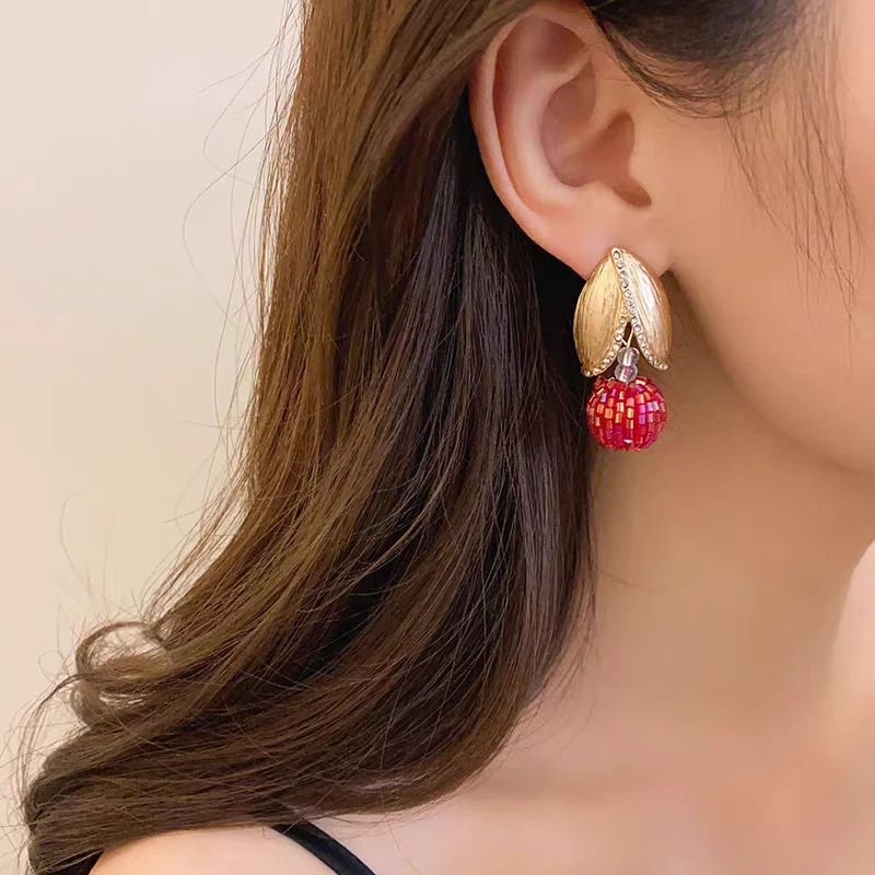 铜合金珐琅耳饰 中古国风高版中式红樱桃琉璃节日旗袍--耳环/耳钉