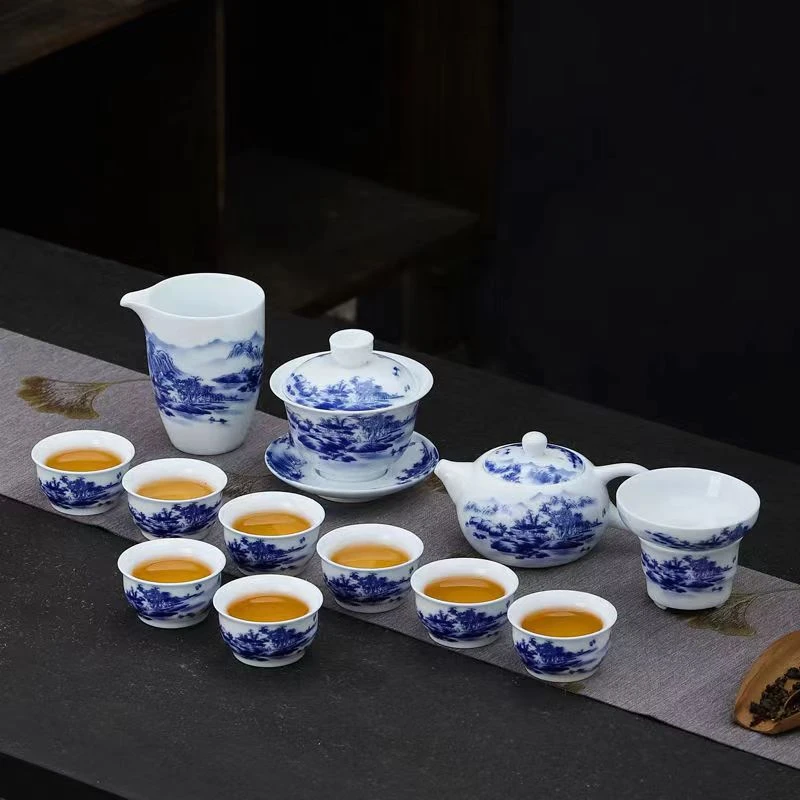 德化白瓷青花茶具套装陶瓷三才盖碗茶壶会客国潮复古风全套喝茶具