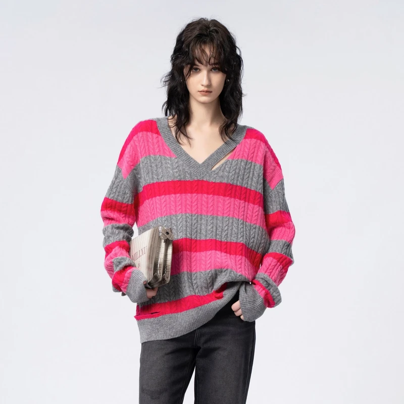 U/TI尤缇23专柜新品慵懒风套头粉色条纹撞色韩版女装毛针织衫