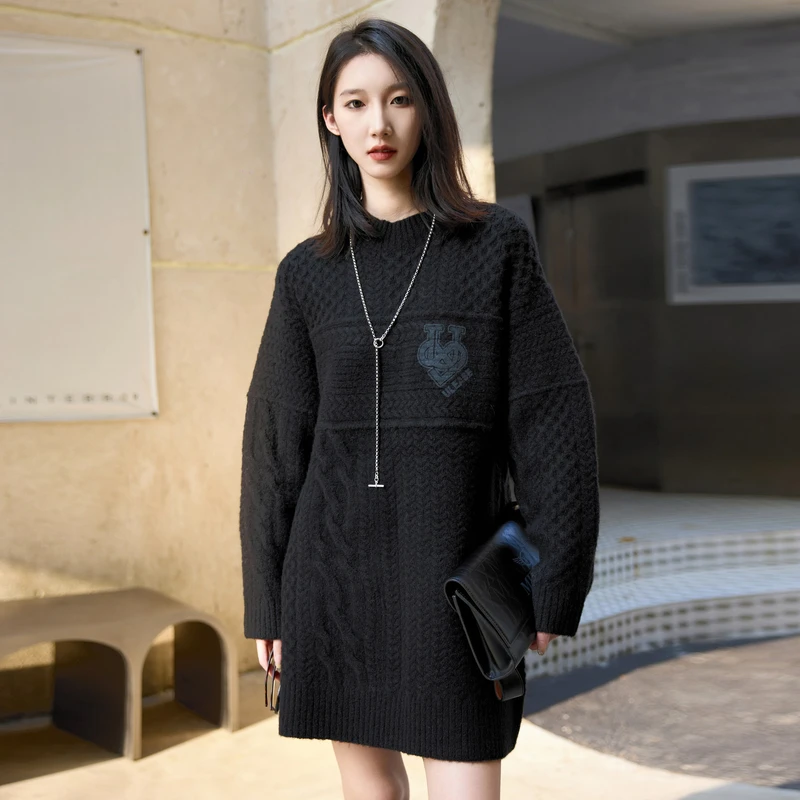 专柜新款uti尤缇冬季黑色毛衣裙上衣 休闲宽松毛织连衣裙女装