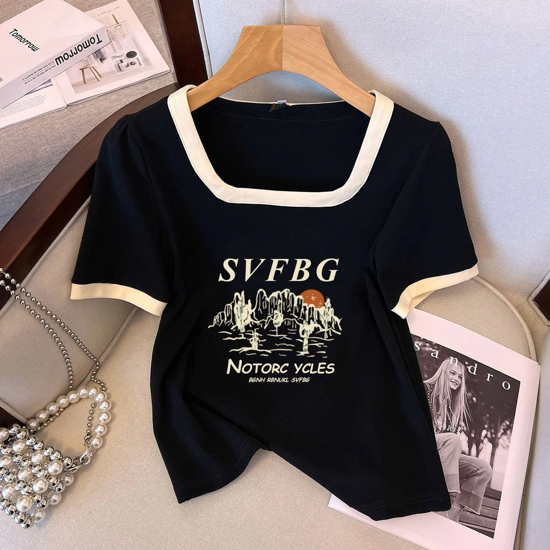 特大码女装245斤t恤2024夏季新款短袖方领气质遮肚显瘦上衣ins