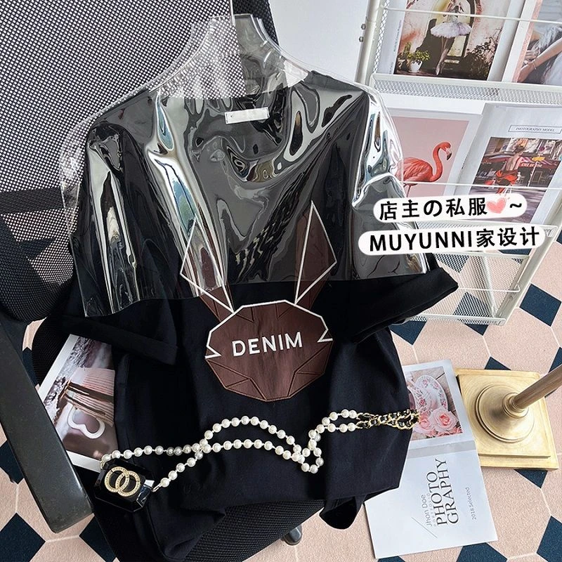 磨毛兔子刺绣宽松学生显瘦短袖T恤胖妹妹女装300斤新款夏季上衣