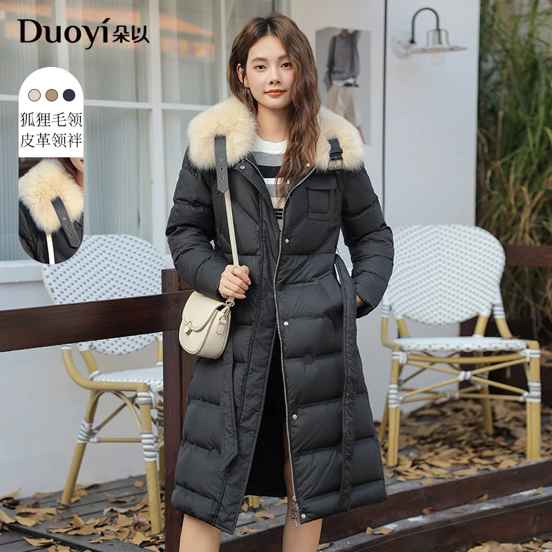 朵以2024冬季新款拼接皮革大狐狸毛领中长款羽绒服女38DD930122