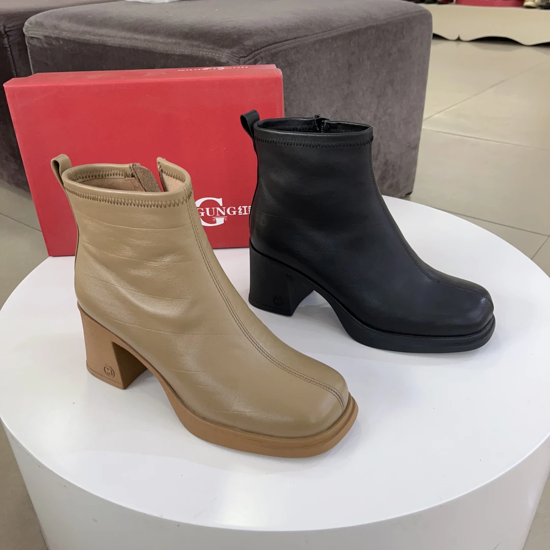 红冠新品高跟短靴粗跟靴子37860