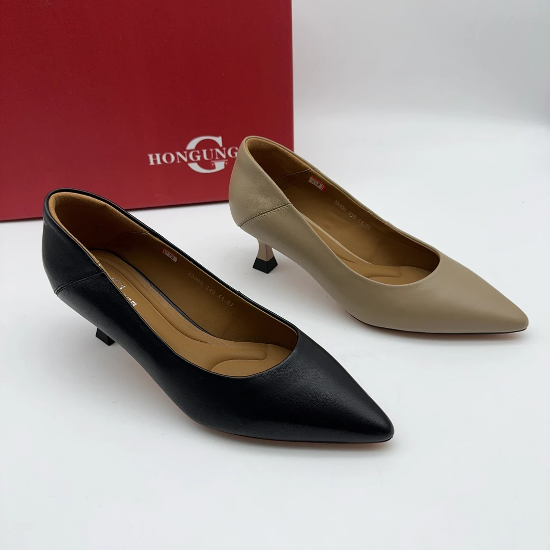 红冠新款尖头低跟细跟气质时尚单鞋