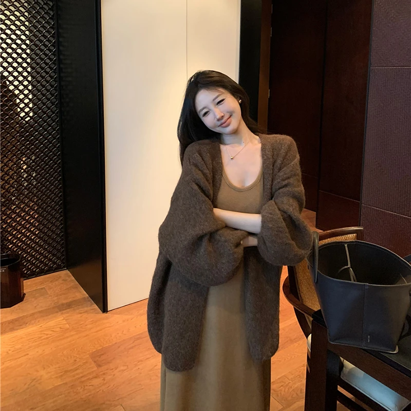 慵懒风很好搭的加厚长款背心裙连衣裙长袖毛衣韩版开衫外套两件套