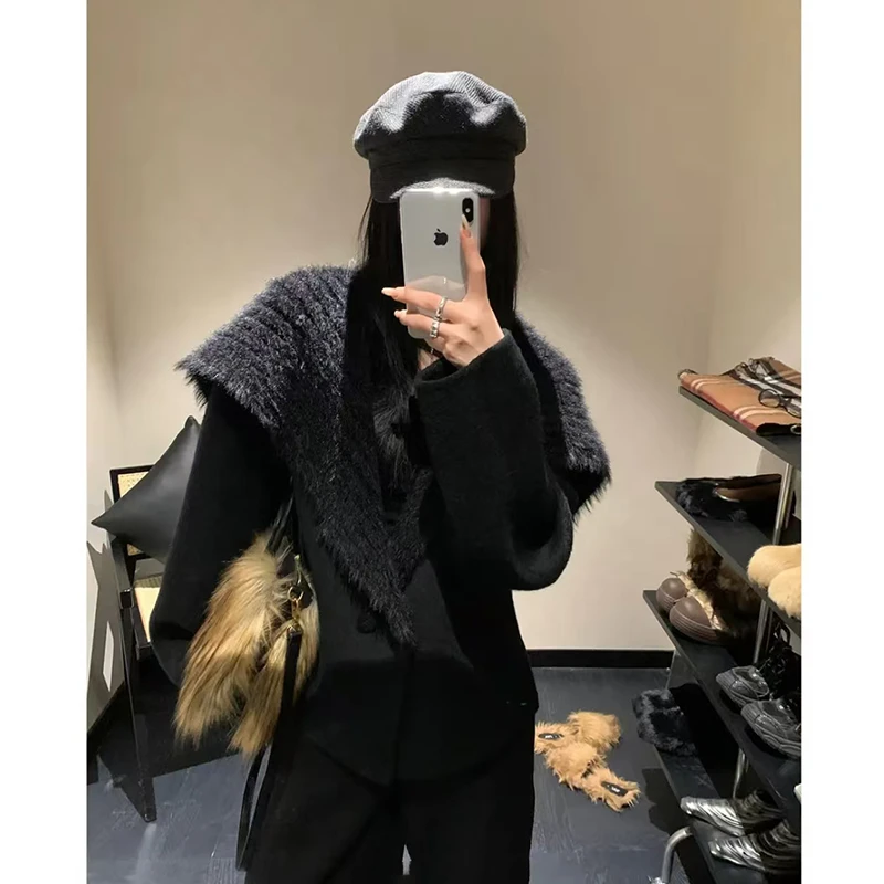 FRVXO针织拼接双面呢外套时尚秋冬季短款海军领百搭宽松保暖大衣