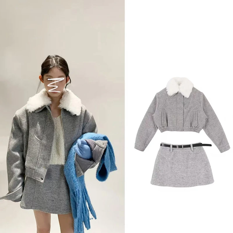 可拆卸毛领毛呢菱格秋冬季夹棉短外套休闲百搭英伦学院风套装