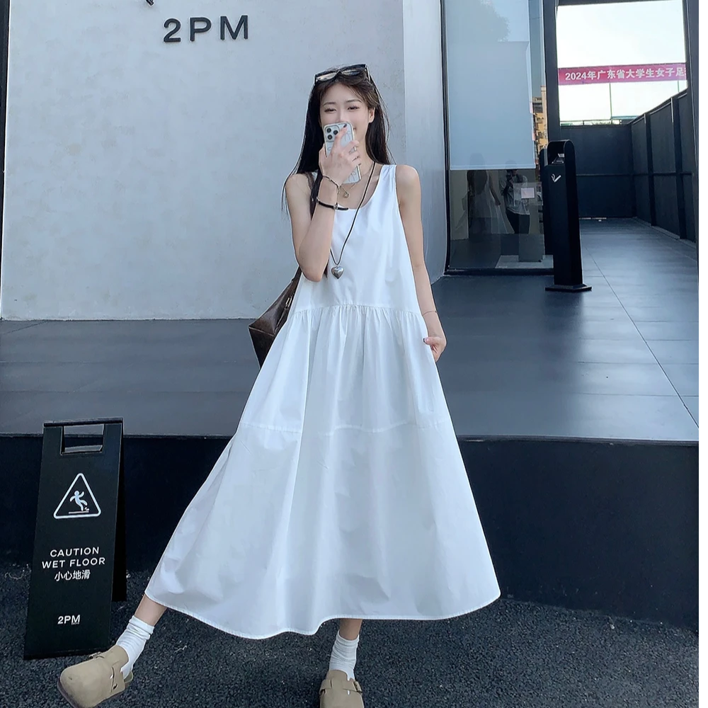 白色裙子无袖连衣裙韩版宽松时尚显瘦气质开衫纯色夏季套装