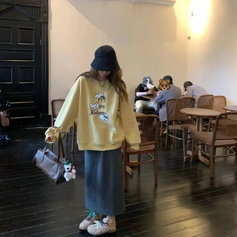 秋冬季重工刺绣小狗圆领慵懒长袖卫衣中长款宽松波点半身裙女套装