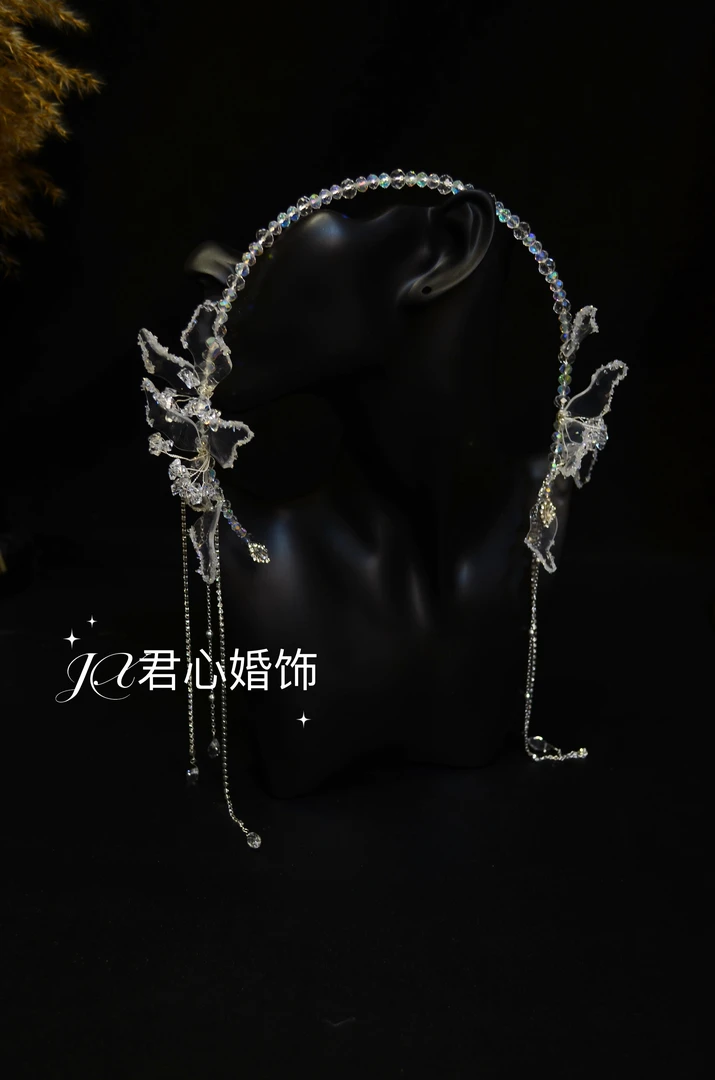 君心家 J385凝水花瓣水晶球流苏后挂发箍仙女必备轻纱头饰