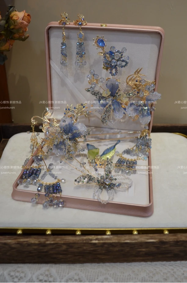 君心家 海洋冷蓝水晶滴胶花朵不对称发钗六件套 新娘中式头饰