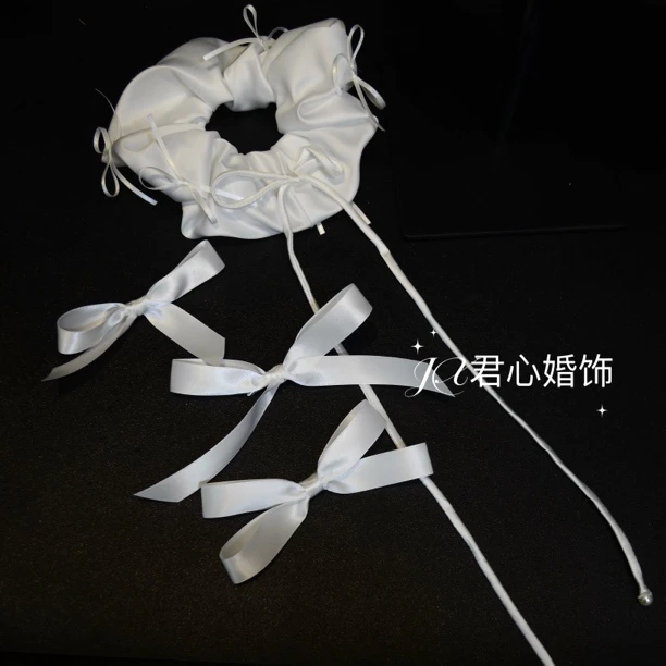 君心家 奶油泡芙蝴蝶结发圈发夹四件套新娘缎面婚纱礼服甜美头饰
