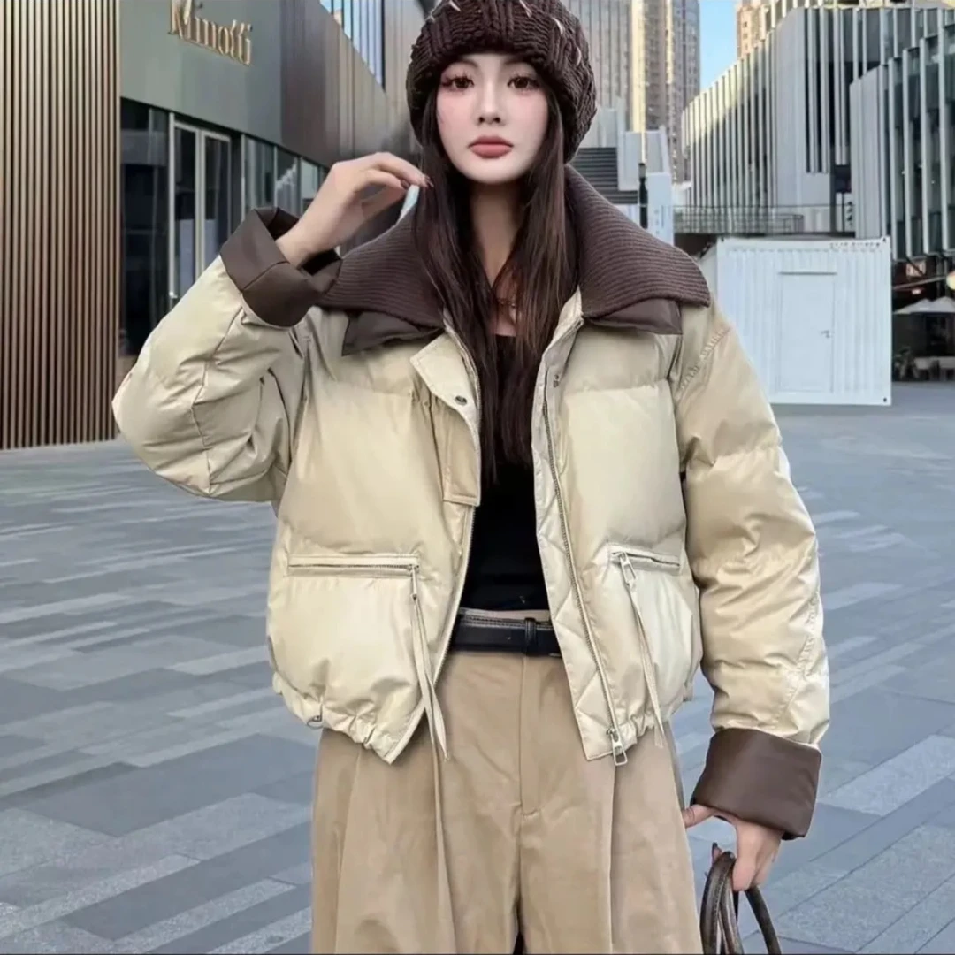 《HUI慧慧》雅丹风拼接撞色毛线领短款棉服外套