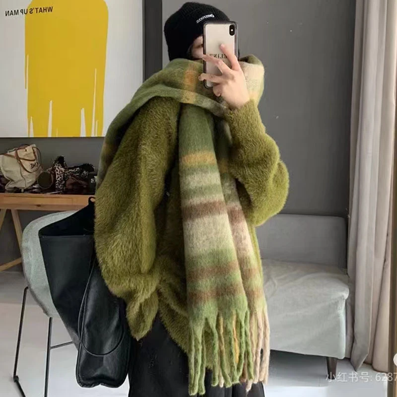 新款韩版格纹流苏学生围巾女冬季百搭爆款格子时尚双面保暖防寒