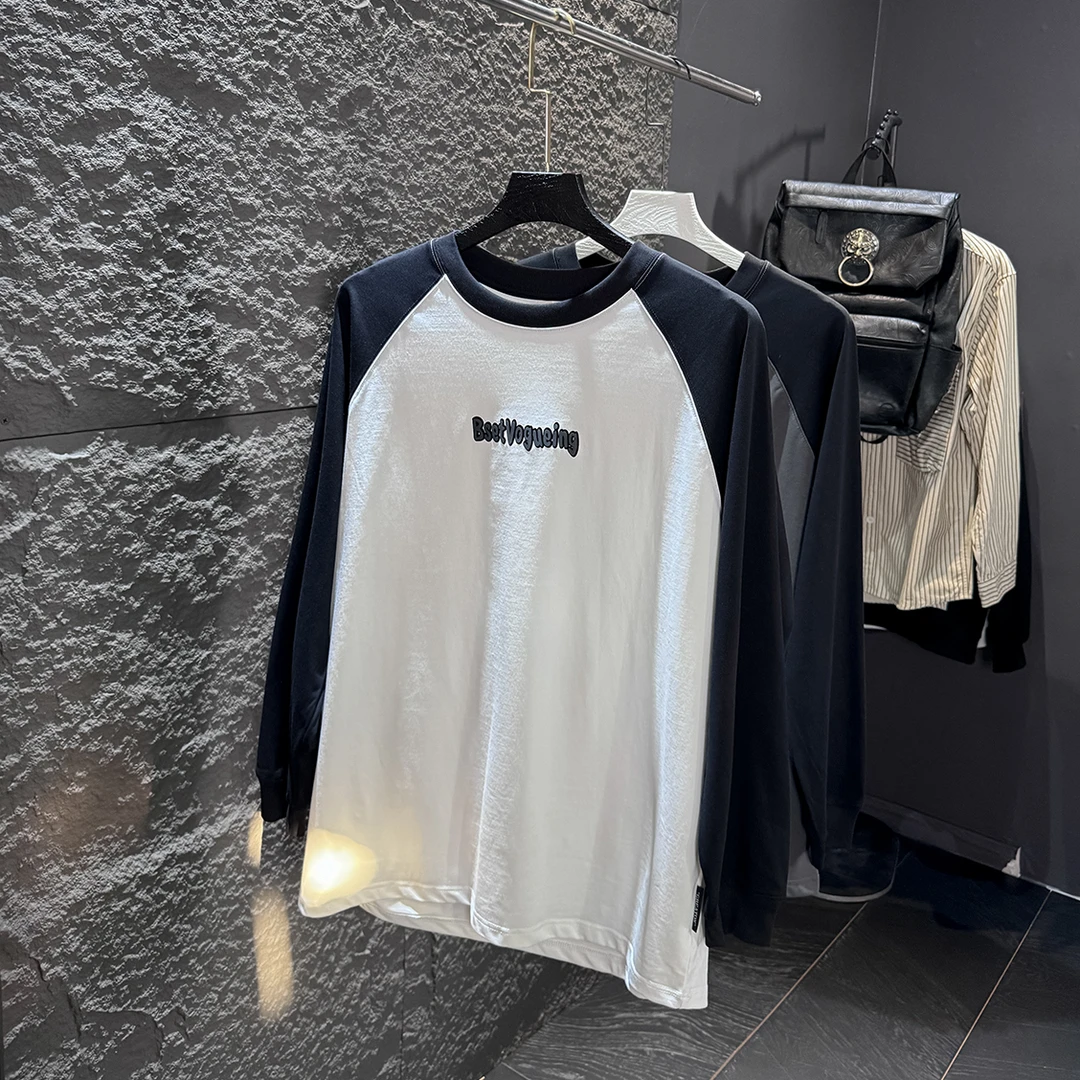 大码男装春秋季新品260G重磅印花长袖T恤男宽松圆领插肩上衣休闲