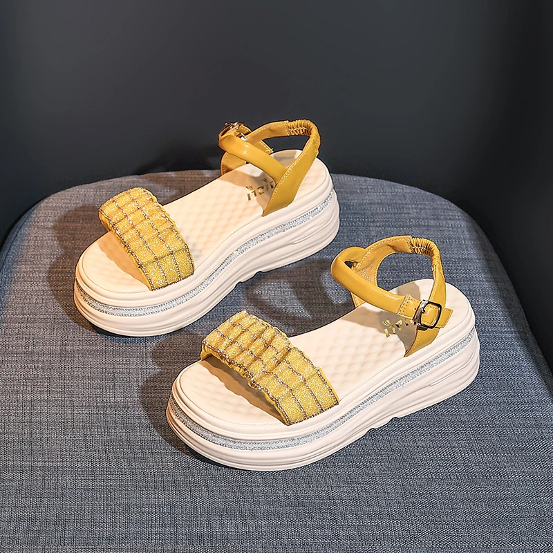 【莉姐】2024夏季新款复古水钻凉鞋厚底松糕增高软底鞋子休闲女鞋