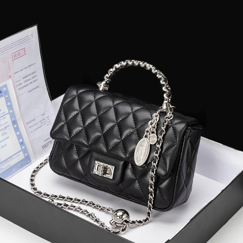 真皮女包2024爆款小香风菱格链条包高级感百搭单肩斜跨手提小方包