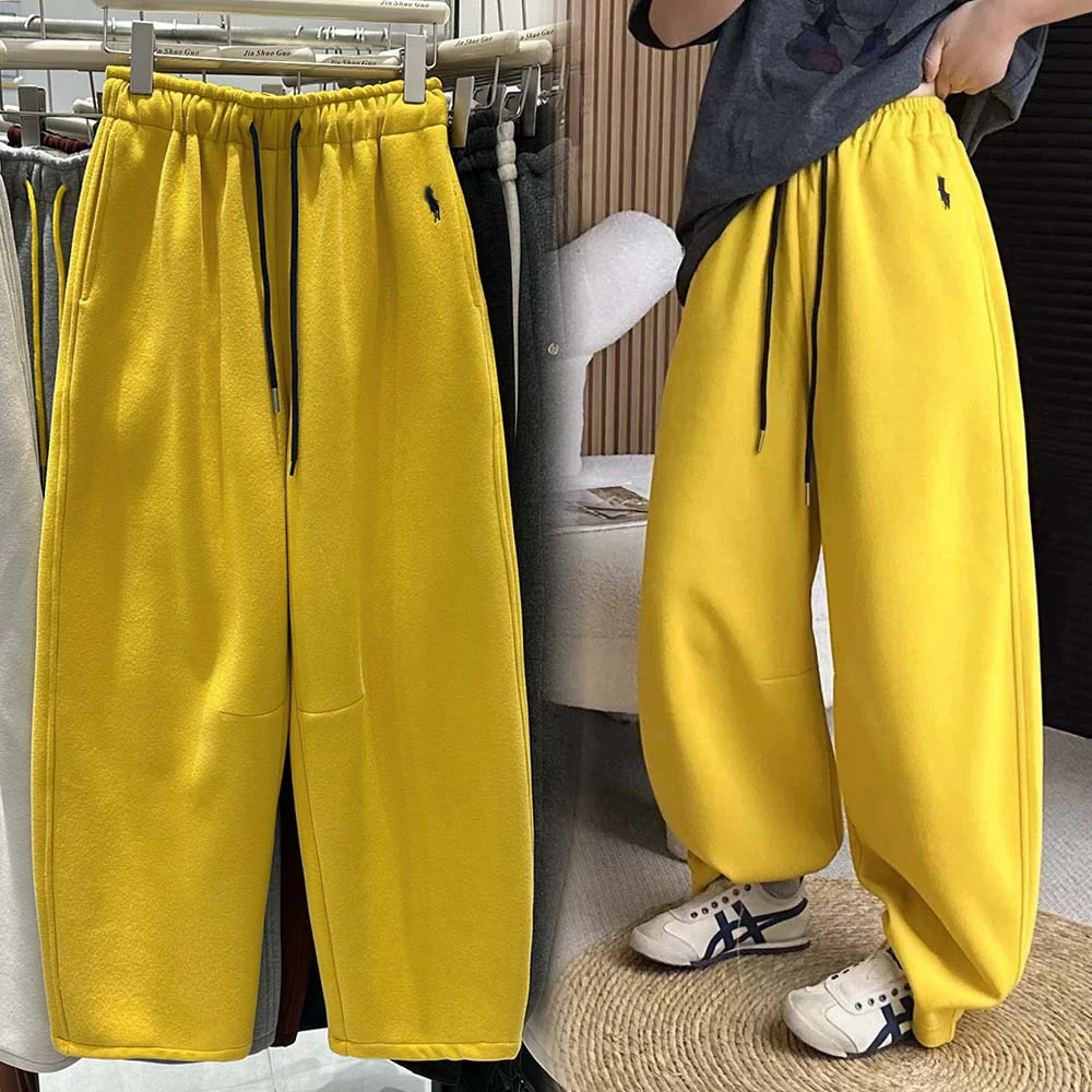 【年末狂欢】加绒加厚小马刺绣休闲裤冬高腰垂感宽松百搭阔腿裤9928