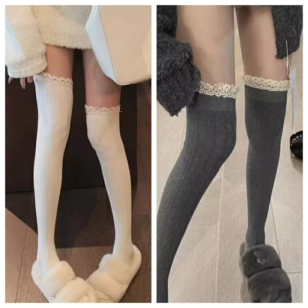 花边拼接麻花过膝长筒女袜日系纯色竖条纹压力瘦腿高筒大腿袜