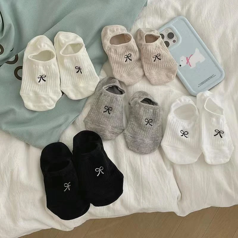 袜子女夏季薄款透气黑白蝴蝶结小众防掉跟百搭女袜隐形浅口船袜