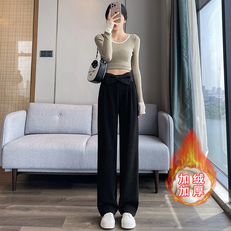 欧绒不规则高腰直筒百搭拖地裤2023秋冬新款休闲阔腿拖地长裤