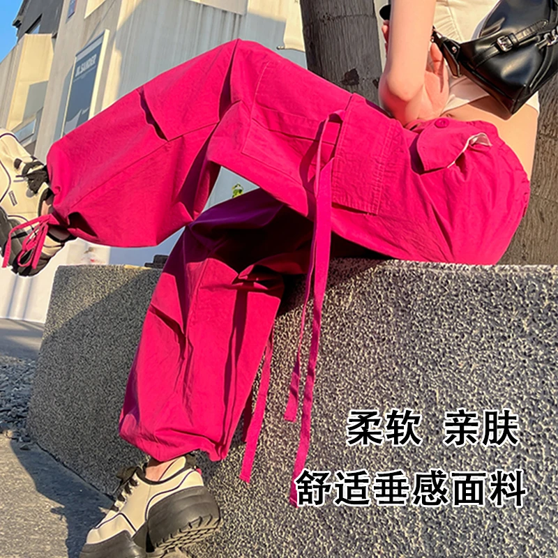 美式街头复古抽绳工装裤女夏季宽松显瘦束脚阔腿休闲飘带长裤潮
