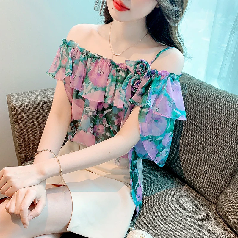 2024夏季新款荷叶边甜美小清新露肩吊带雪纺上衣女