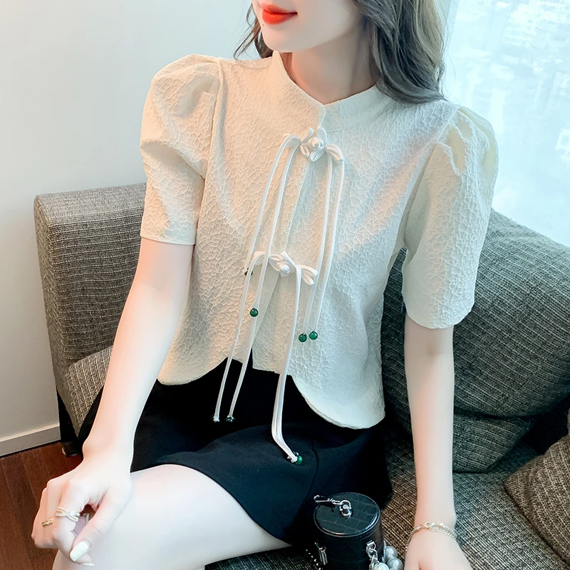短款盘扣流苏上衣2024夏新款中式中国风衬衫女重工宫廷风单排