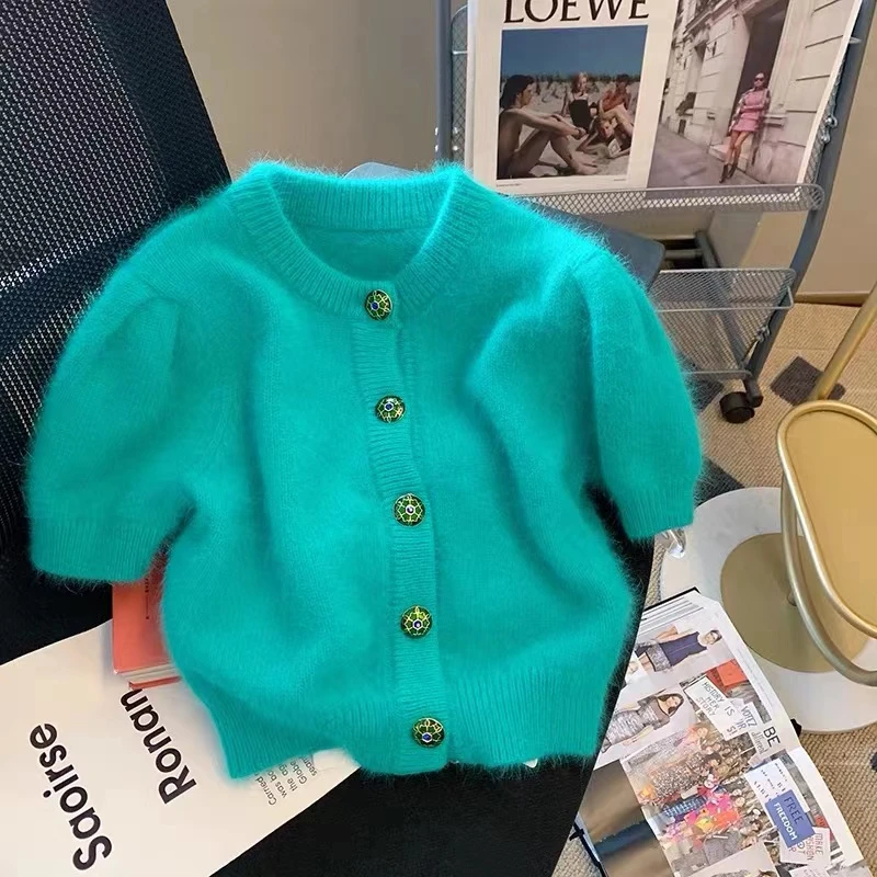 绿色小香风短袖针织上衣女2023年新款别致软糯毛衣开衫ins