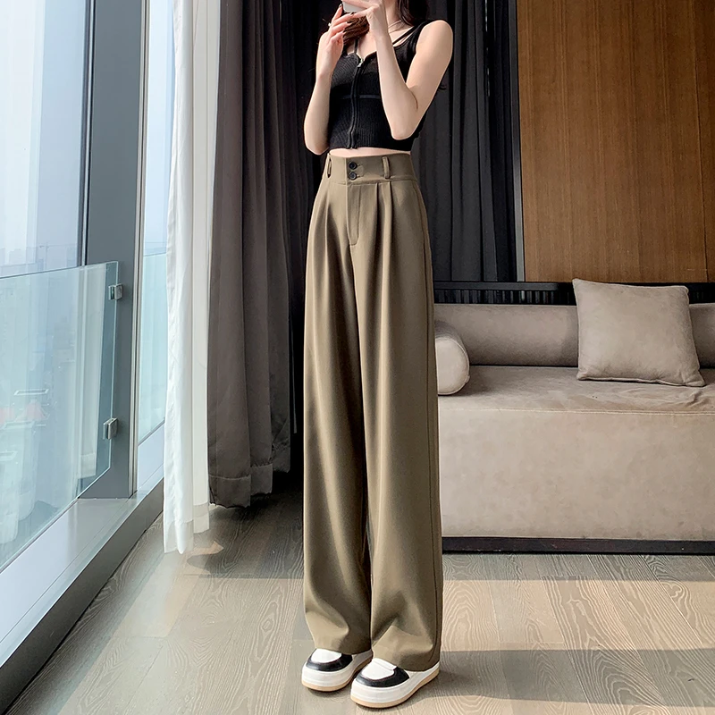 双扣休闲西装裤阔腿裤女春夏高腰显瘦垂感梨形身材裤子直筒拖地裤