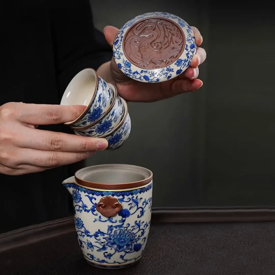 云禾轩 缠枝莲汝窑旅行茶具户外便携式开片可养线快客杯一壶三杯