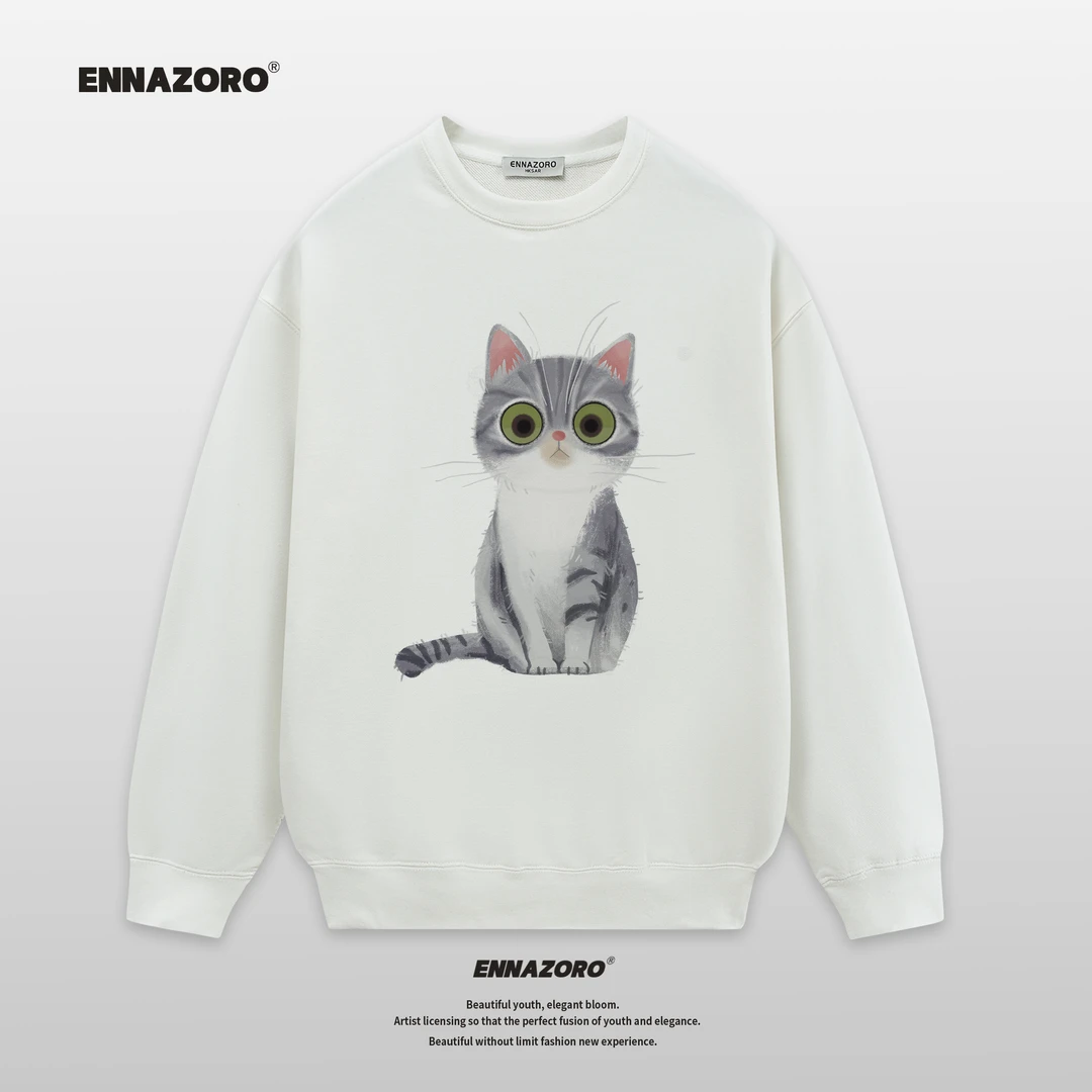 ENNAZORO斑马-小灰猫 AW秋冬360G毛圈棉圆领卫衣情侣上衣设计师款