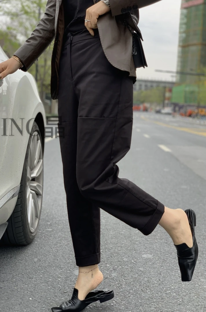 JING2025春季新款纯色休闲百搭前口袋设计女裤长裤直筒休闲女裤子
