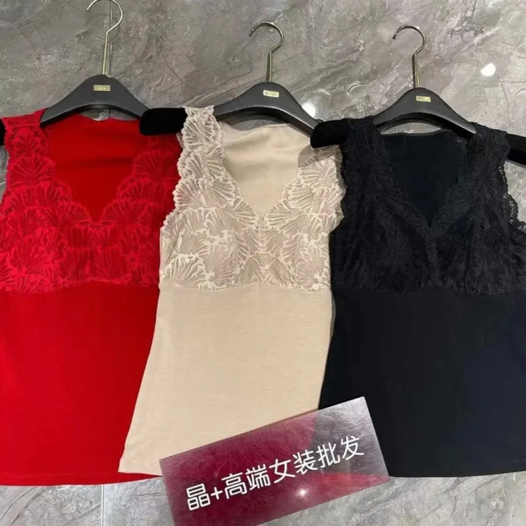 JING2024新款女装 弹力拼蕾丝秋冬百搭磨毛保暖背心修身显瘦美背