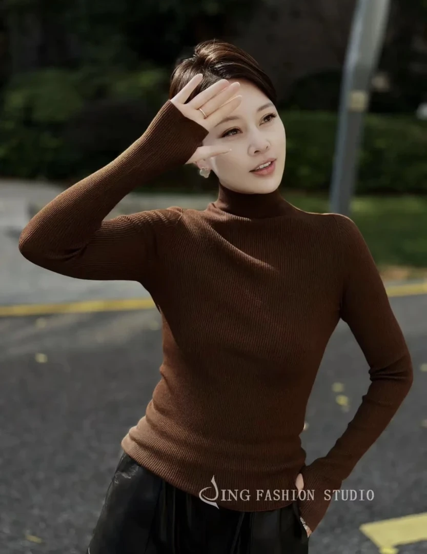JING2023秋冬新款针织打底衫羊毛衫半高领纯色女士长袖上衣百搭款