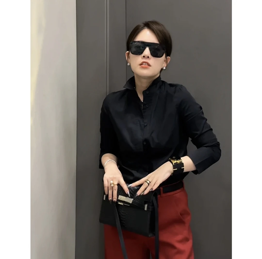 JING2024高端女装品质弹力棉修身显瘦衬衫衬衣polo领纯色多色可选